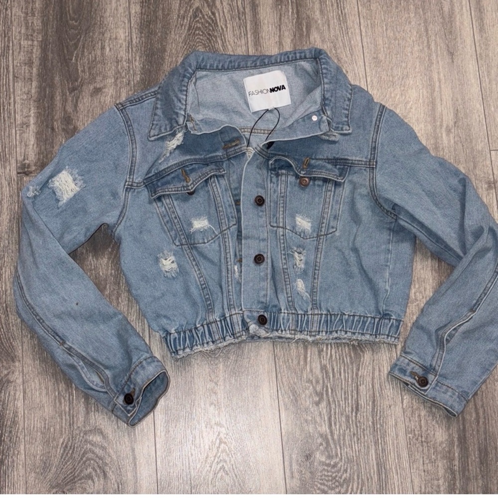 Fashion Nova Light Blue Distressed Denim Jacket